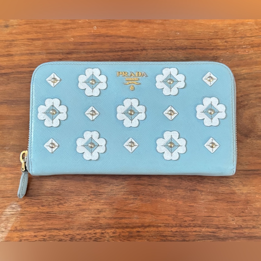 PRADA Saffiano Leather Flower Pearl Long Zip Around Wallet - Light Blue
